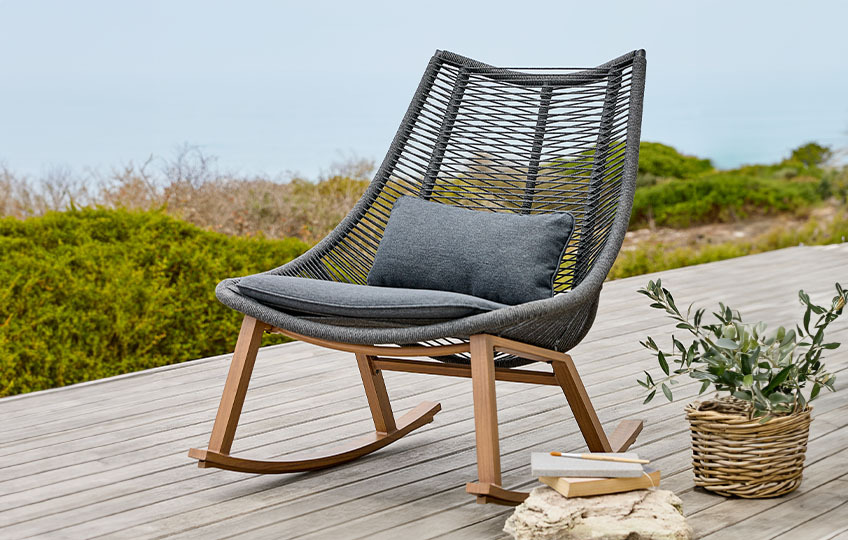 Fauteuil lounge DANNEMARE en aluminium et corde à base de polyester Fauteuil lounge en corde en tissu sur une terrasse